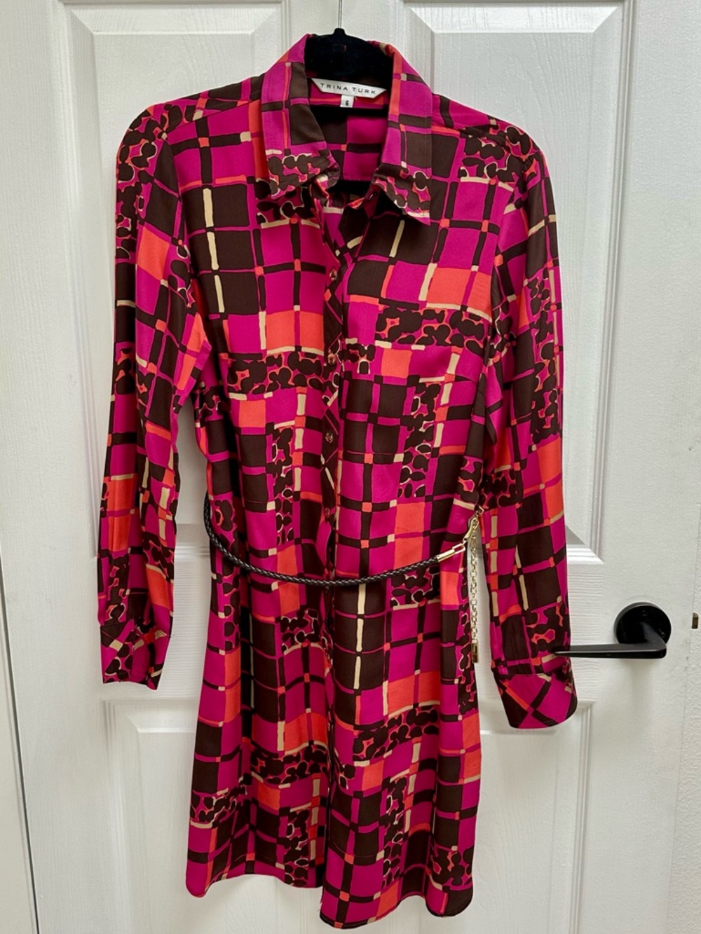 Trina Turk 100% Silk Geometric Shirt Dress with Belt
